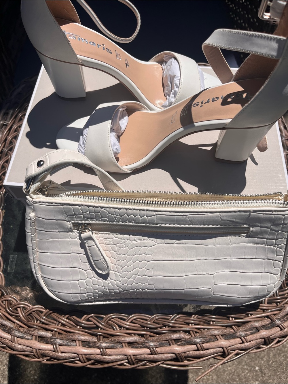 Chic White Block Heel Sandals with Croc-Texture Wristlet Bag